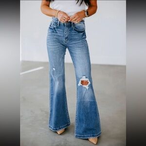 Petra Flare Jeans Size 13/30 Medium Wash High Rise Distressing Stretch